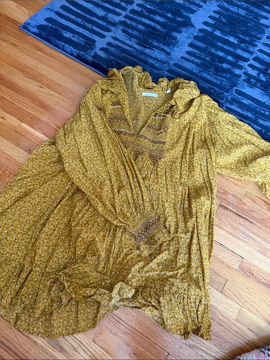 Doen Dresses & Skirts - Doen Mustard Floral Peasant Dress with Smocked Yoke